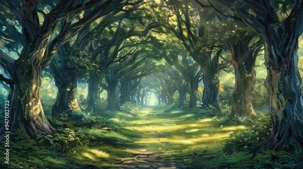 Fototapeta Sunlit Path Through Ancient Forest.