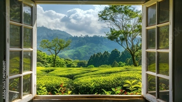 Obraz Window View of Serene Green Tea Plantation