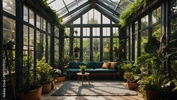 Fototapeta A cozy living space with a couch and a coffee table in a large glass greenhouse filled with plants and sunshine streaming in.