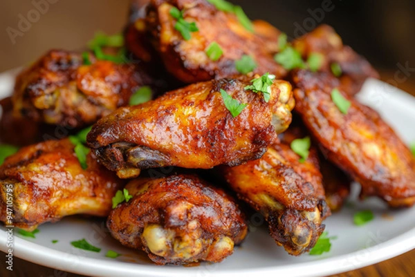 Obraz Fried Delicious And Juicy Chicken Wings In Grill Sauce Created With Artificial Intelligence