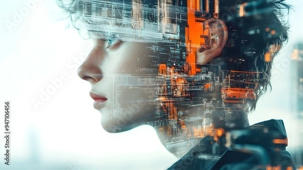 Fototapeta A woman wearing a hard hat and goggles is looking at a cityscape. The image is a collage of the woman's face and the cityscape, with the woman's face appearing as a reflection of the city