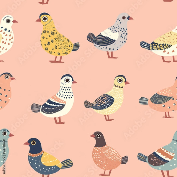 Fototapeta Quail seamless repeating background pattern. Pink pastel toned colors. Flat, simple hand drawn style