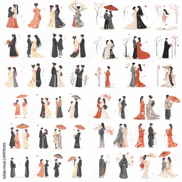 Fototapeta A collection of anime-style figures in various poses, some holding umbrellas. The mood of the images is lighthearted and playful
