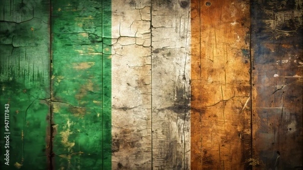 Fototapeta Faded Tricolor, subtle wear and tear on rustic wood background, mossy hues and soil tones faintly visible, fog-softened light accentuating worn fabric edges.