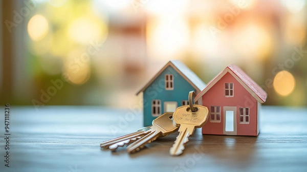 Fototapeta house models and keys on table, concept of property investment sales