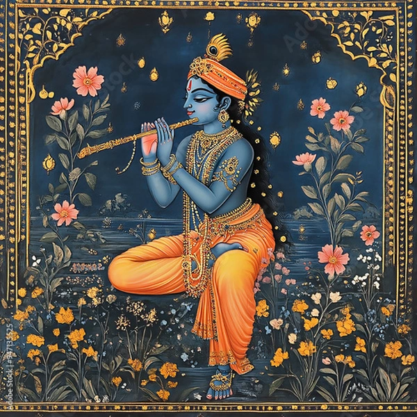 Fototapeta Traditional Madhubani Pichwai image from India of Lord Krishna surrounded by trees.