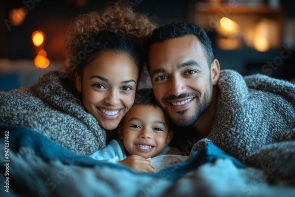 Fototapeta A cozy photograph of parents reading a bedtime story to their children, all cuddled up under a soft blanket. The parents are sitting on the bed, with the children snuggled close, listening intently. 