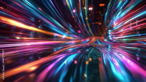 Fototapeta Reflections of multicolored light trails on a glassy surface, forming an abstract, futuristic landscape with vivid hues