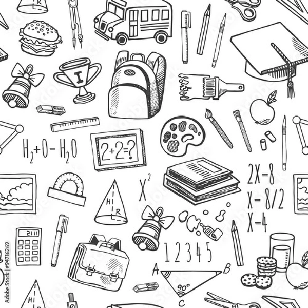 Fototapeta School tools sketch black and white seamless vector pattern.