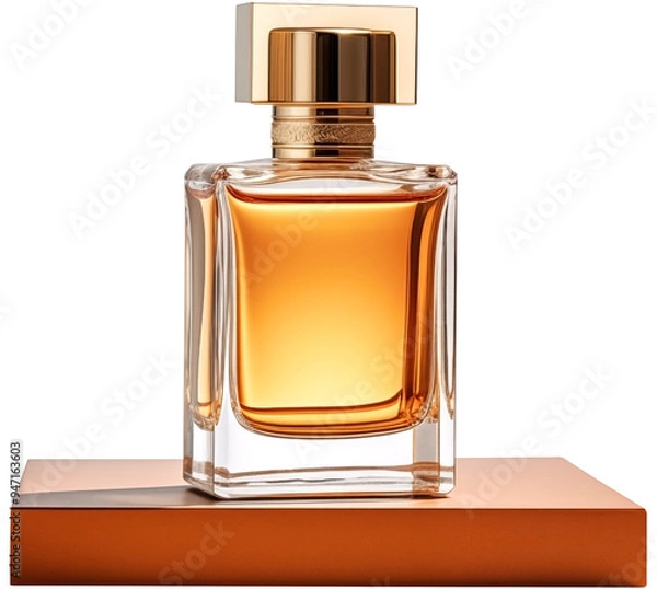 Obraz mockup of a plain Golden Perfume bottle placed on a podium PNG isolated on white and transparent background - Fragrance bottle display Elegant Perfume packaging Advertising Concept