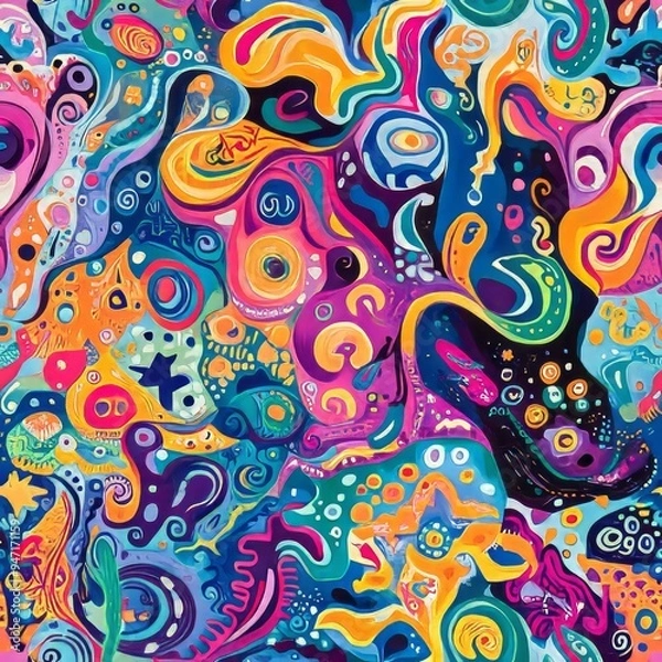 Fototapeta Psychedelic Boho Dreams - Whimsical Fluid Art Canvas with Vibrant Hippie Symbols and Swirls