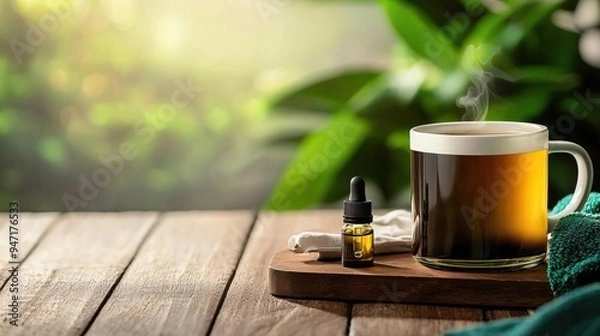 Fototapeta A cup of steaming tea with a bottle of essential oil on a cozy table.