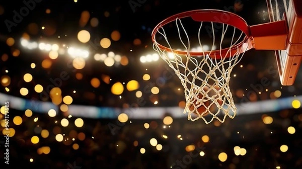 Fototapeta Silhouette of a basketball player dunking against a backdrop of stadium lights.