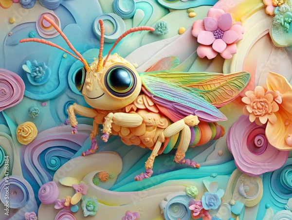 Fototapeta Enchanting Claymation Art - Cheerful Grasshopper in Colorful Whimsical 3D Anime Style