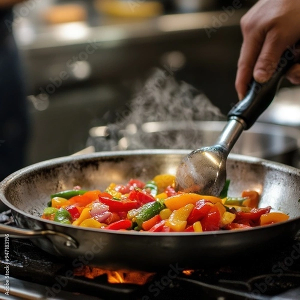 Fototapeta SautÃ©ing vegetables in a professional kitchen