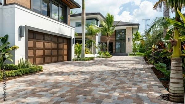 Obraz Modern Homes with Garage Door and Palm Trees in Sunny Florida