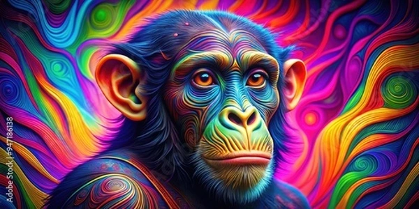 Fototapeta Psychedelic UV Neon Monkey in vibrant colors with swirling patterns , Neon, monkey, psychedelic, UV, blacklight, vibrant, colors