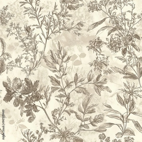 Fototapeta Seamless pattern of botanical etchings in muted sepia tones