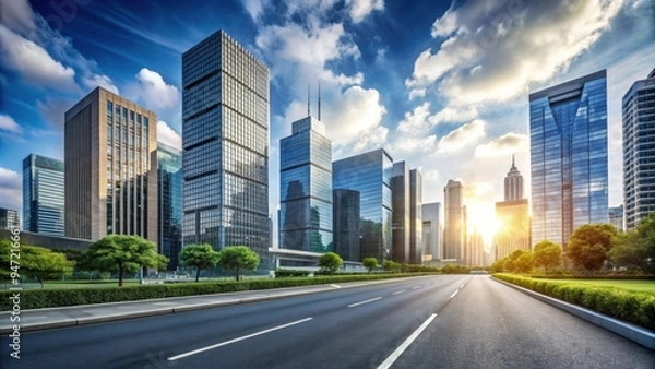 Fototapeta Modern cityscape with spacious streets filled with contemporary buildings, urban, downtown, city, architecture