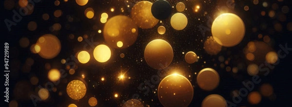 Fototapeta 抽象的な豪華なゴールドの背景に金の粒子。キラキラのビンテージ ライトの背景。クリスマスの黄金の光は、暗い背景に粒子のボケ味を輝かせます。金箔のテクスチャです。	