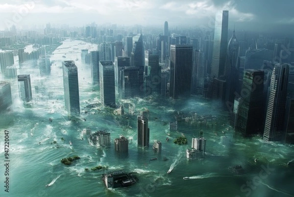 Fototapeta Show a coastal city with parts of the land submerged due to rising sea levels, including flooded streets and buildings. 