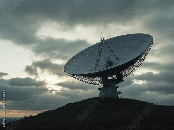 Fototapeta A large satellite dish stands on a hilltop against a dramatic cloudy sky, symbolizing communication, technology, and exploration.