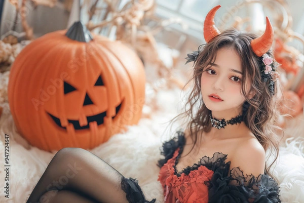 Obraz ハロウィーンをテーマに悪魔・デビルの仮装をしている若い日本人女性とジャック・オ・ランタン(美人モデル)