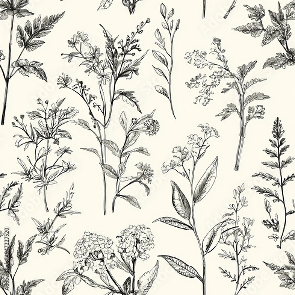 Fototapeta Seamless pattern of vintage botanical sketches with historical plant varieties