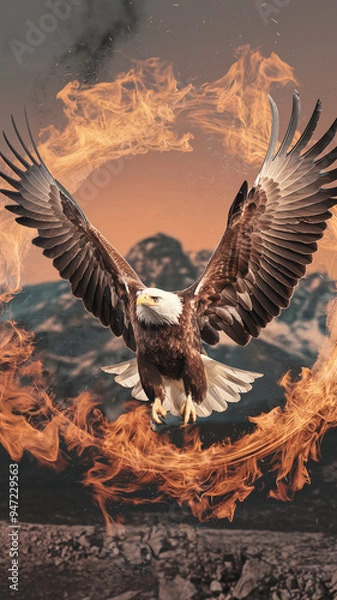 Fototapeta an eagle with outstretched wings emerging from a ring of fire. 