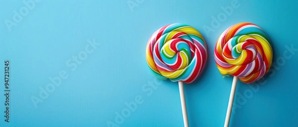 Fototapeta Colorful lollipop on blue background, copy space
