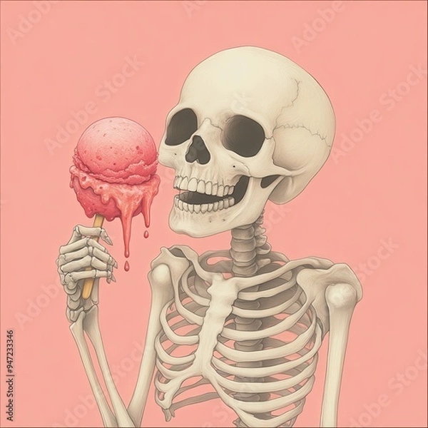 Obraz Playful skeleton holding a dripping spooky ice cream, eerie background