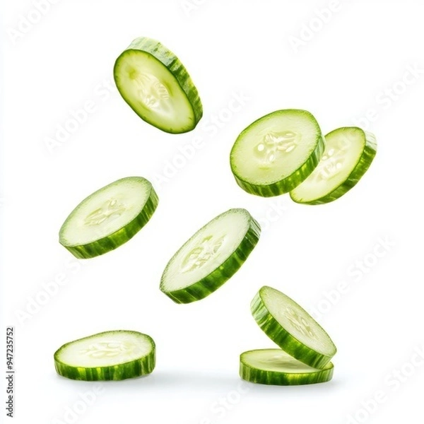 Fototapeta Falling cucumbers slice isolated on white background
