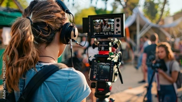Fototapeta A sound technician holding a boom mic over actors performing on a movie set