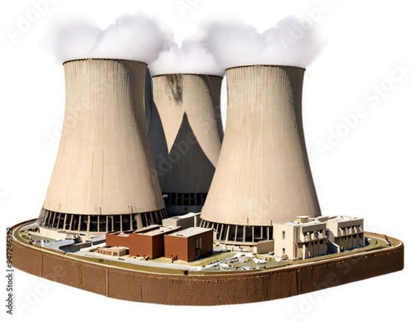 Fototapeta a nuclear power station with distinctive hyperboloid cooling towers and administrative buildings, set against a transparent background.