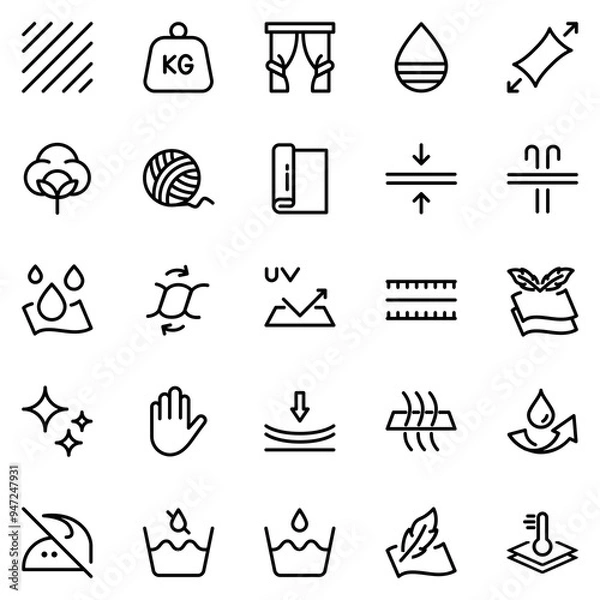 Fototapeta Collection of Basic Fabric Properties Related Vector Line Icons. Contains Icons like Texture, Shine, Opacity, Stretch and more. Editable stroke. 48x48 pixels