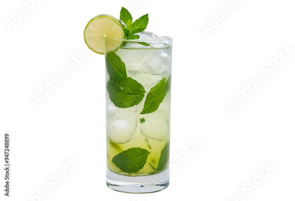 Fototapeta A refreshing mojito cocktail with mint leaves and a lime slice in a tall glass, presented on a transparent background.