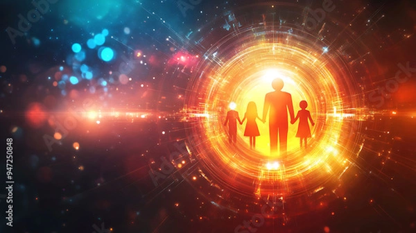 Fototapeta digital art banner featuring a glowing, abstract family circle with icons representing grandparents and grandchildren, surrounded by a radiant glow, emphasizing family unity