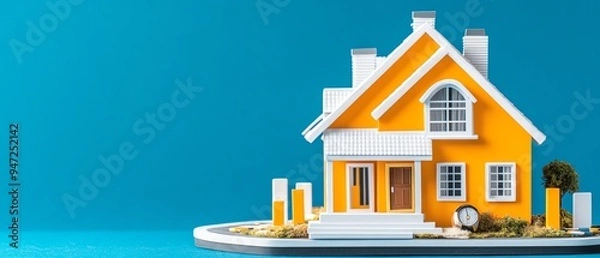 Obraz A vibrant yellow model house against a blue background, perfect for real estate marketing and home design concepts.
