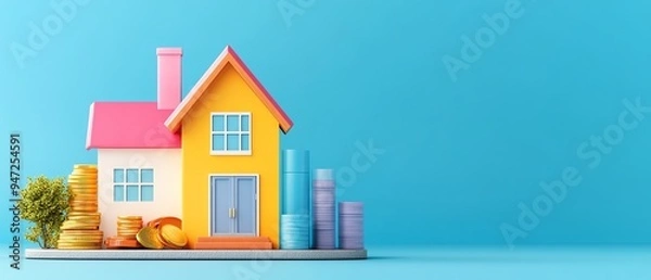 Obraz Colorful model house with money coins and graphs on blue background, representing real estate investment and financial growth.