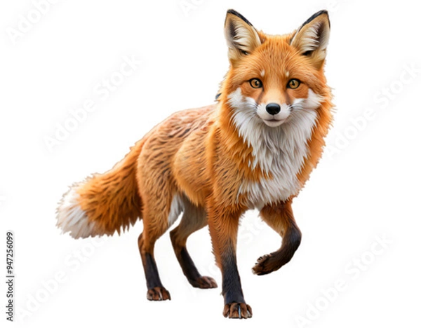 Fototapeta An animated rendering of a red fox in mid-stride, featuring vibrant orange fur and bushy tail, on a transparent background