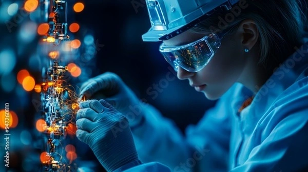 Fototapeta A focused engineer works on advanced technology with glowing elements, showcasing innovation and dedication in a lab environment.