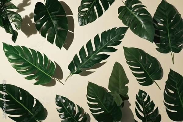 Fototapeta Rainforest Leaves with Dynamic Shadow Overlay on Ivory Background