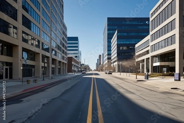 Obraz Magnetic Scene of Empty Urban Street Adjacent to Corporate Buildings