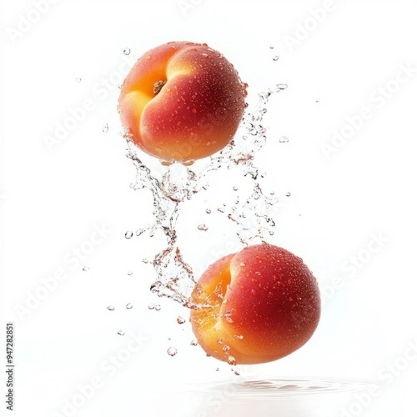 Fototapeta Falling fresh peach slice isolated on white background