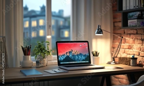 Fototapeta A desk with a laptop, a notebook, a lamp and a tablet.