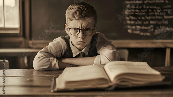 Fototapeta A frustrated student with glasses, sitting at an old-fashioned wooden desk in a vintage classroom, arms crossed, and showing signs of annoyance