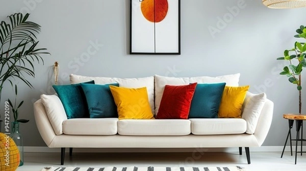 Fototapeta Scandinavian-Style Modern Living Room Featuring White Sofa, Colorful Pillows, and Art Poster Frame Against Wall