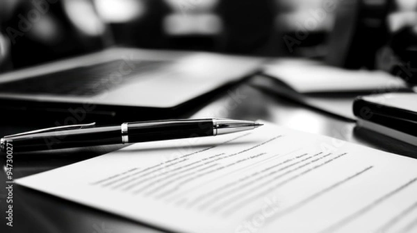 Fototapeta Monochrome Close-up of Resignation Documents on Desk, Pen and Paper, Professional Career Change, Business Termination Process in Office