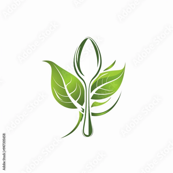 Fototapeta healthy food logo design with spoon and leaf elements, isolated on white background