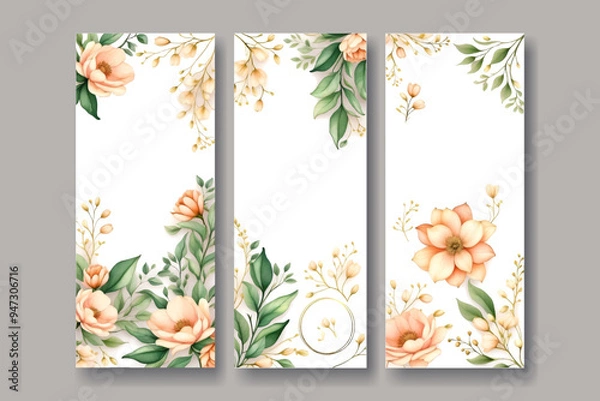 Fototapeta Beautiful wedding invitation set with green leaves and flowers, gold and floral frame 